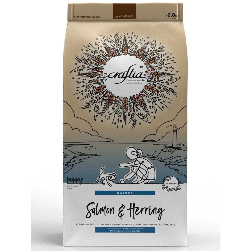 Корм для щенков CRAFTIA Natura для миниатюрных и мелких пород, лосось с сельдью сух. 2кг